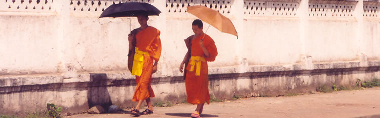 Monks stroll along a street in Luang Prabang, Laos