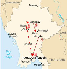 Route map, Basic Burma Tour