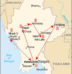 Route map, Burma Extended Tour