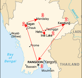 Route map, Burma Hill Tribes Tour