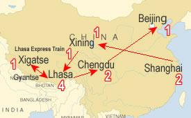 Route map, Tibet by Train Tour